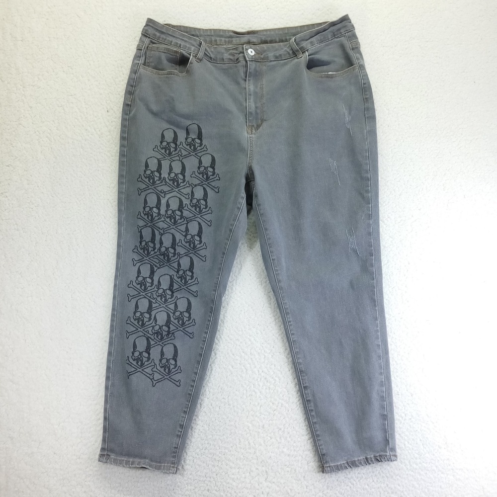 Grey Skull Graphic Jeans Plus Size 4XL Distressed Tapered Leg Denim Pant